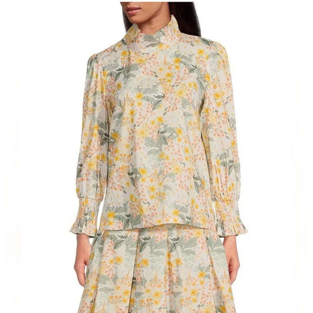 Buru Mod Poplin Smocked Sleeve Mock Neck Coordinating Top